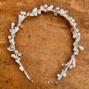 Silver Pearl Crystal Flowers Garland Headband Bridal Beaded
